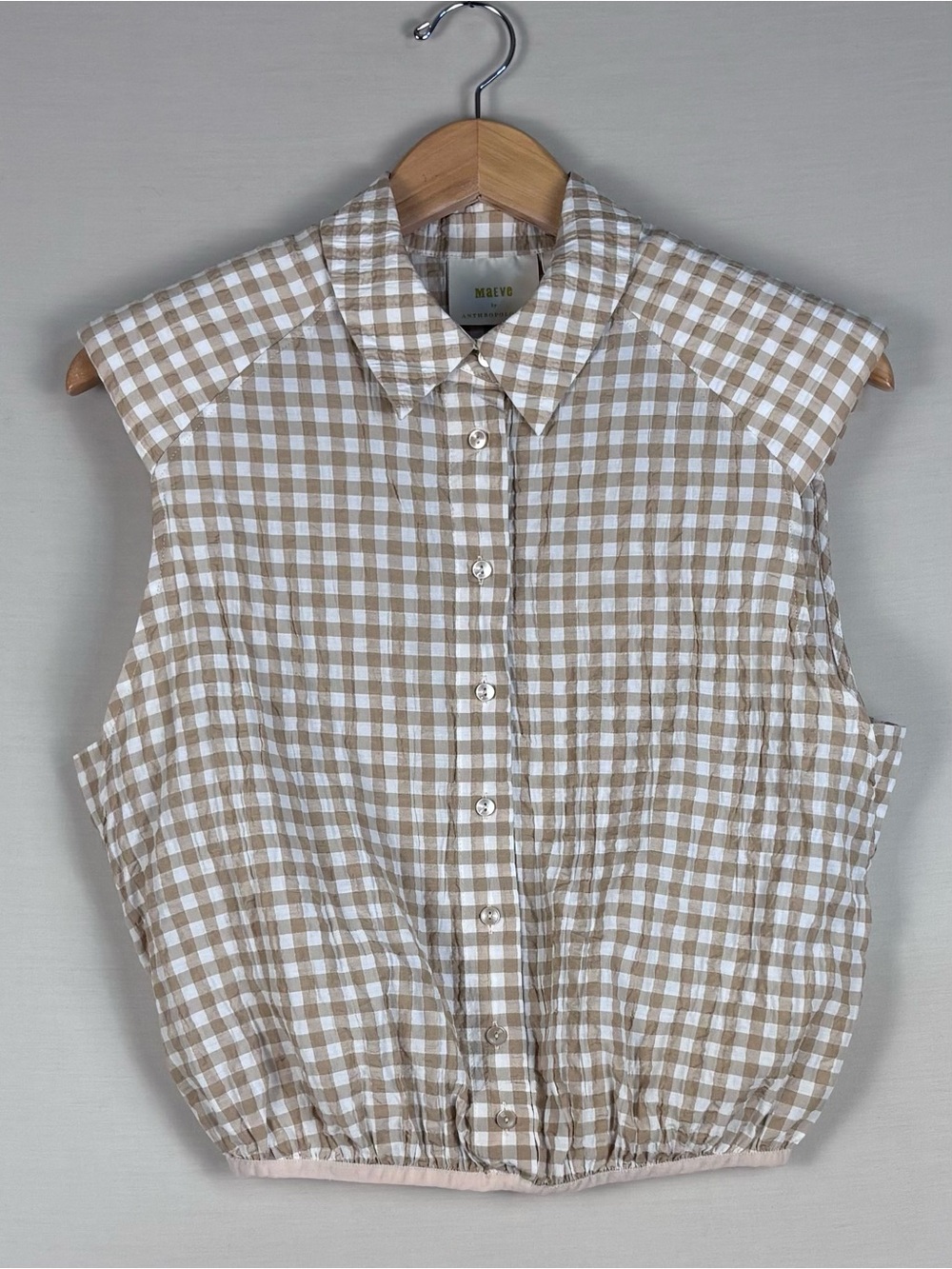 Maeve Anthropologie Gingham Bubble Hem Button Front Blouse Medium Neutral Tan